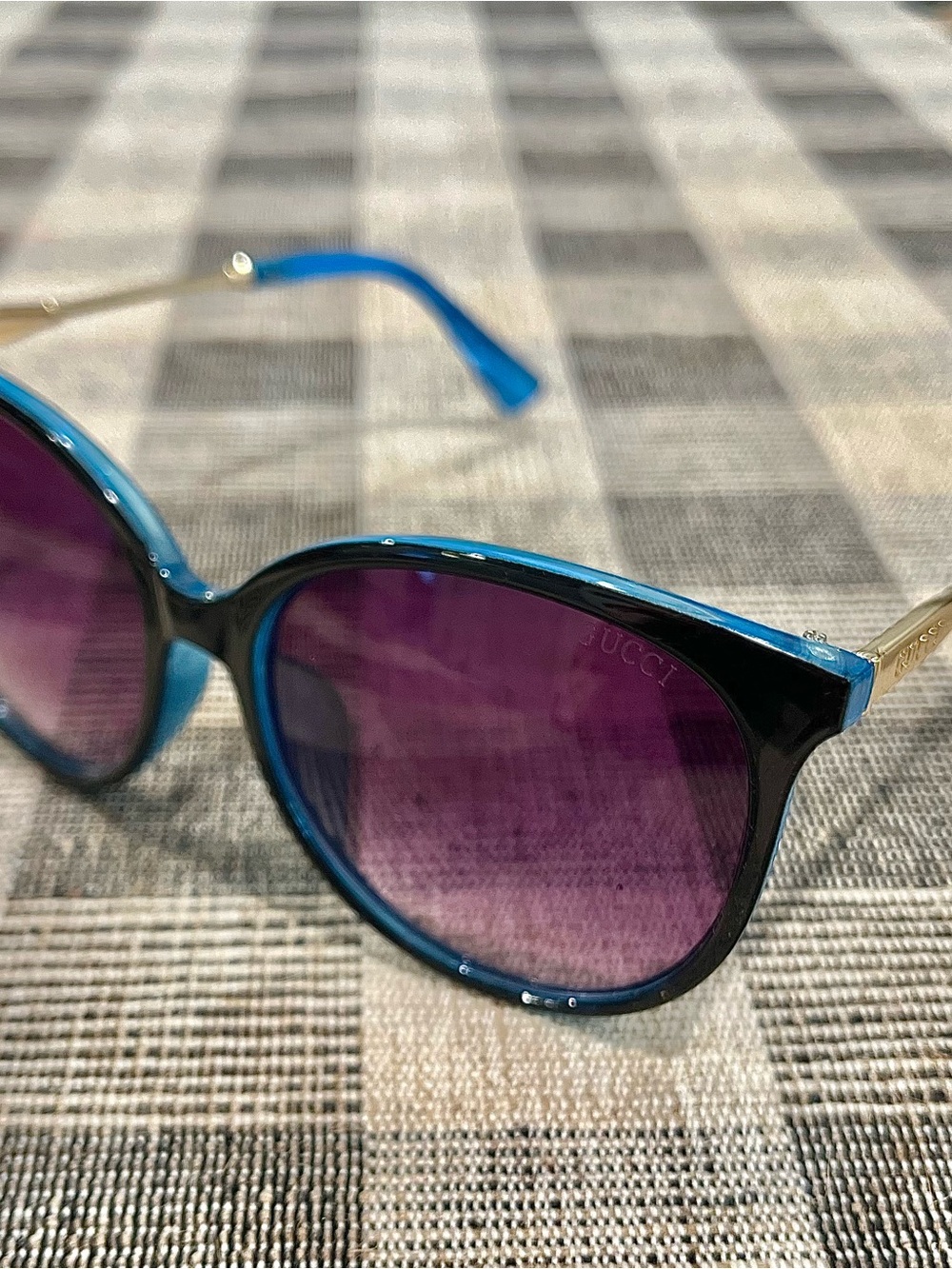 Black and Blue Frame Sunglasses with Purple Lenses